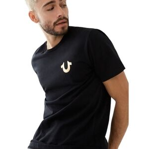 True Religion Black Short-Sleeve Tee with Gold Horseshoe Logo